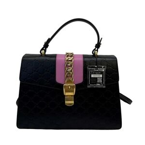 Gucci Black and Pink Satchel with Gold Chain Ltd Edition Large Sylvie Authentic